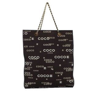 CHANEL Coco Logos Chain Tote Bag Canvas White Black Vintage 90280663